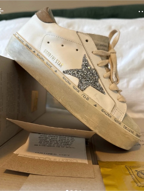 Golden Goose Shoes - Golden Goose White Sneakers with Taupe Heel and Silver Glitter Star
